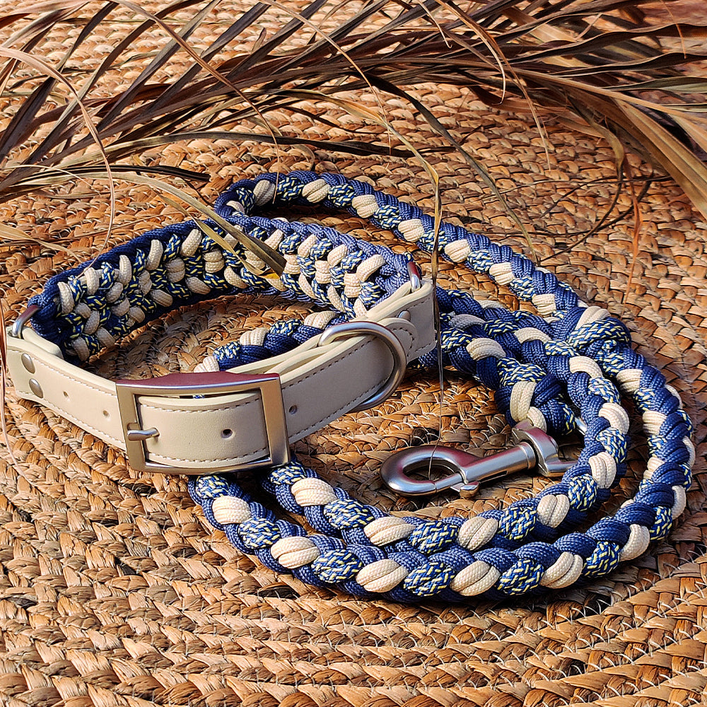 Elegant hand-woven hemp rope dog collar and leash set with anti-pull feature and premium faux leather accents