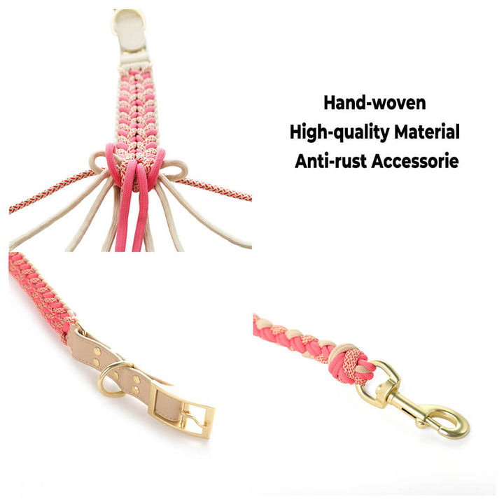 Natural looking dog anti-pull collar and leash set, hand-woven from hemp rope, complete with faux leather trim