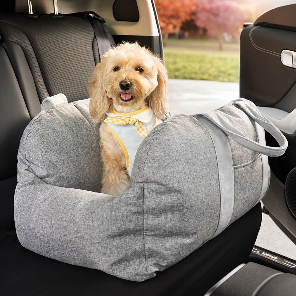 Journey-ready dog car booster seat, complete with a safety belt and non-slip stability.