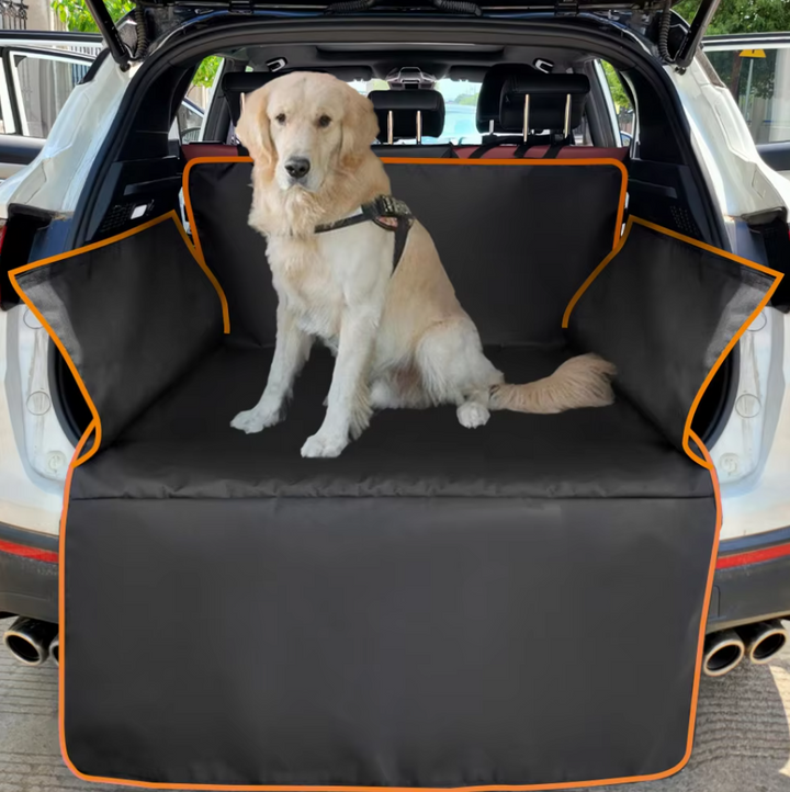 Dog car boot cover, black waterproof and non-slip, protecting vehicle interior during pet travel.