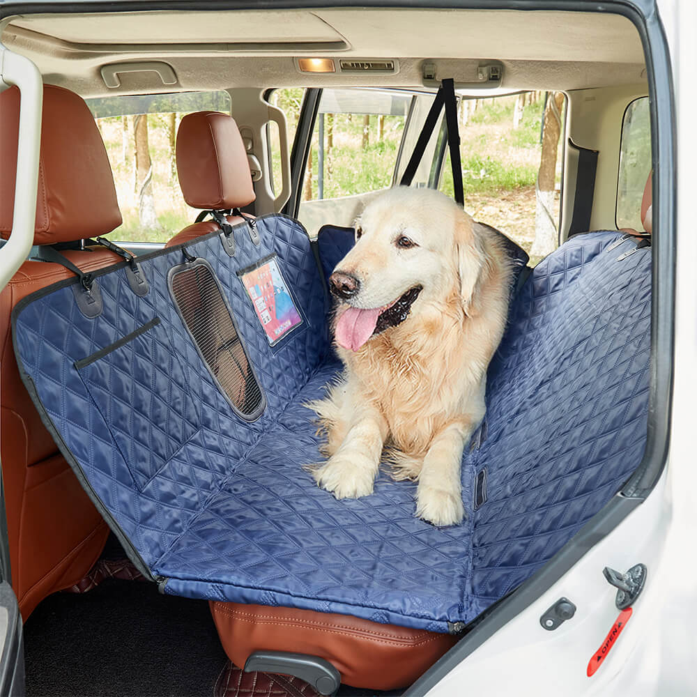 Dog car seat cover, waterproof, black, protecting vehicle interior during travel.