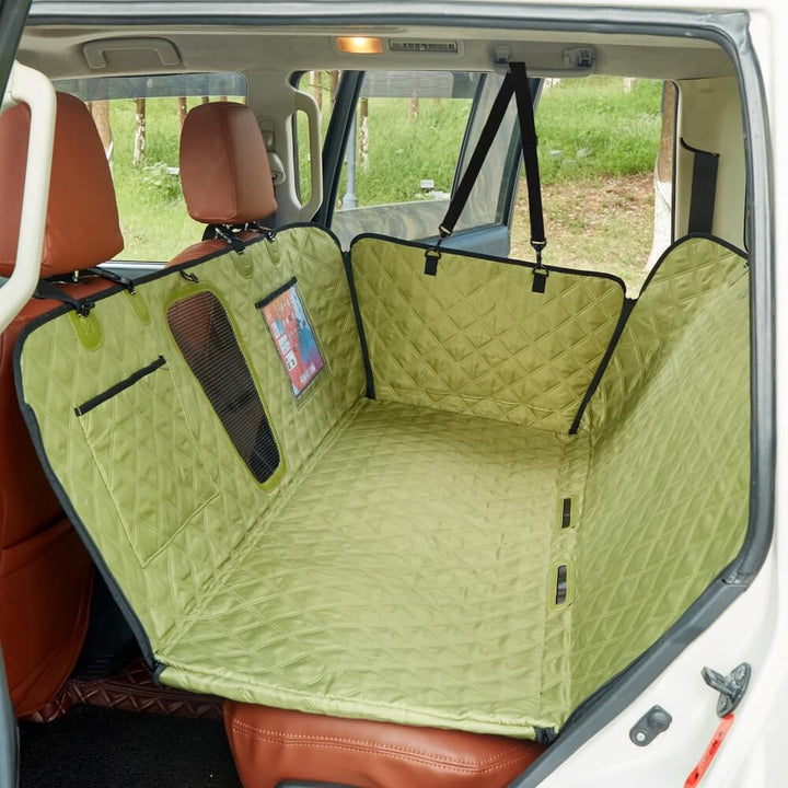 Waterproof car seat cover, pet accessory, ensuring vehicle protection during dog outings.