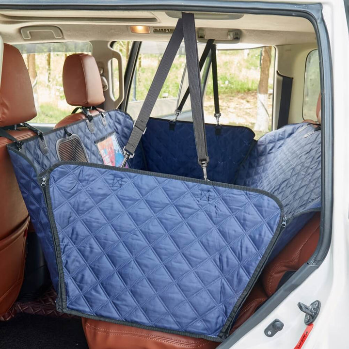 Pet travel cover, unisex, waterproof, designed for rear car seat protection.