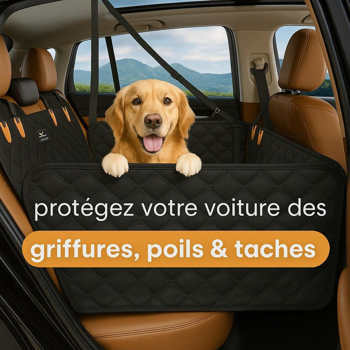 Dog car seat cover with door shields, protecting vehicle interior from dirt, fur, and scratches.