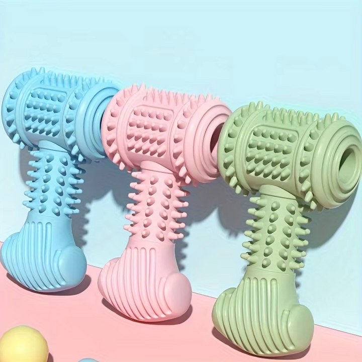 Blue dog dental dumbbell toy, a durable chew for interactive play and canine oral hygiene.