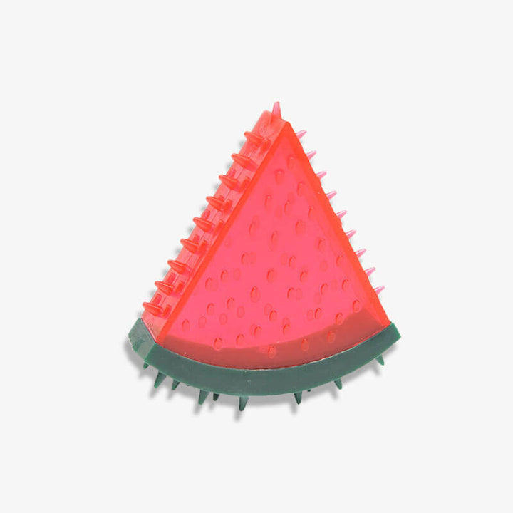 Close-up of a red water-filled fruit-shaped TPR dog toy, designed for teething puppies.
