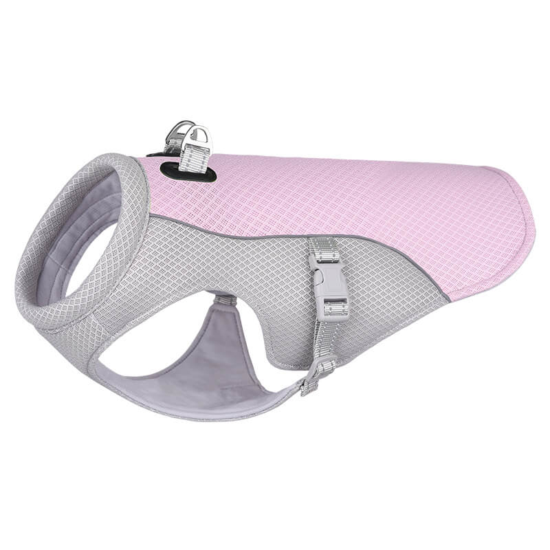 Pet summer cooling vest, with adjustable straps for a secure and comfortable fit.
