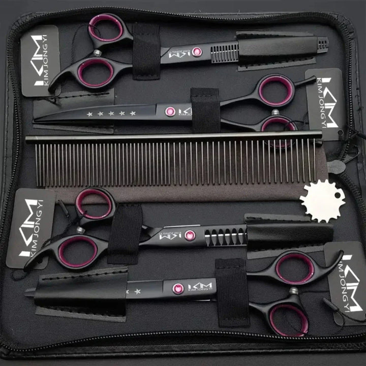 High-quality stainless steel dog grooming scissors with cleaning cloth and comb