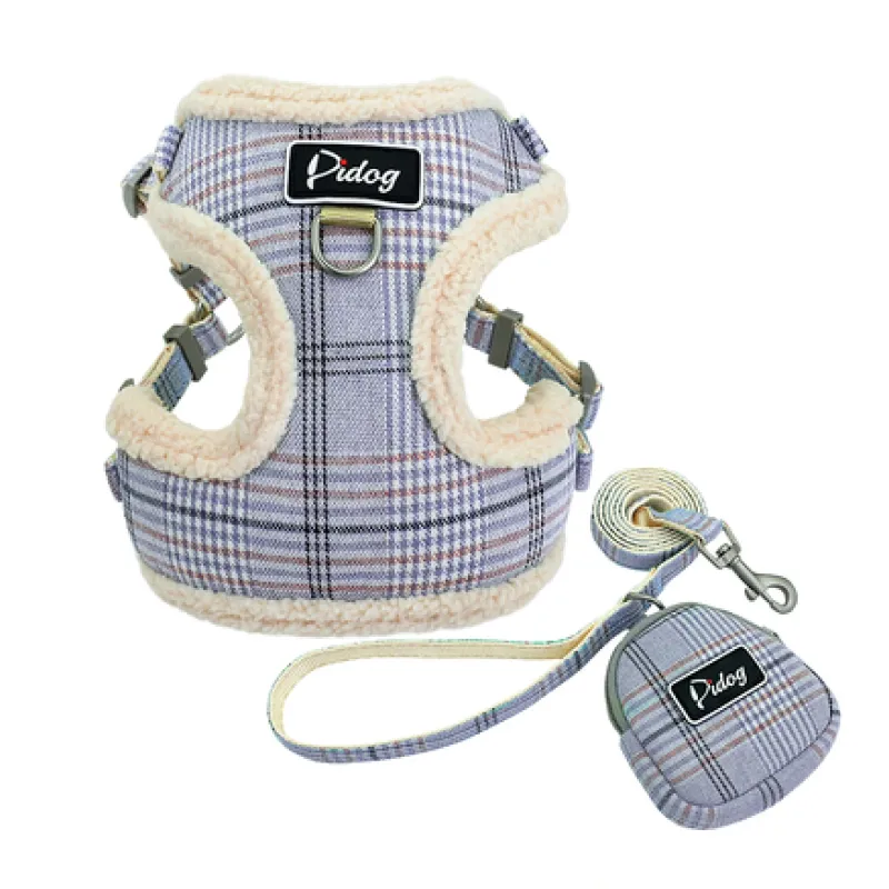 Soft, comfortable dog harness set with leash, waste bag dispenser, and a fashionable checked design for your small dog.