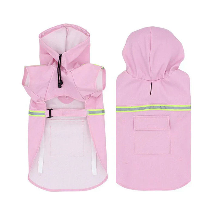 Dog enjoying a walk in a green waterproof dog jacket with hood, ideal for outdoor dog gear.