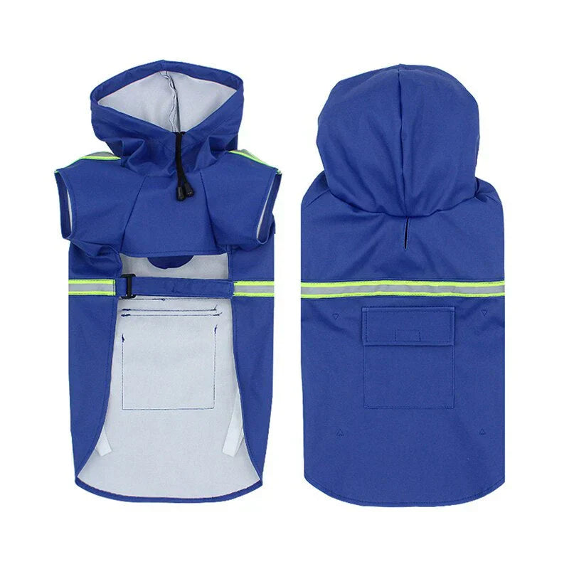 Stacked waterproof dog jackets with hoods in various colors, showcasing pet apparel options.