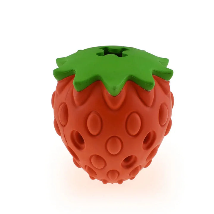 Durable rubber strawberry dog toy, perfect for chewing and dental health
