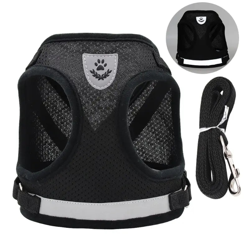 Dog no-pull reflective vest harness with leash, black, adjustable for safety & comfort