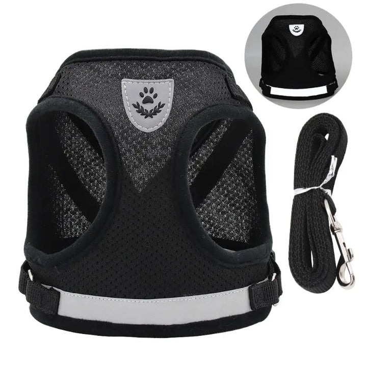 Dog no-pull reflective vest harness with leash, black, adjustable for safety & comfort