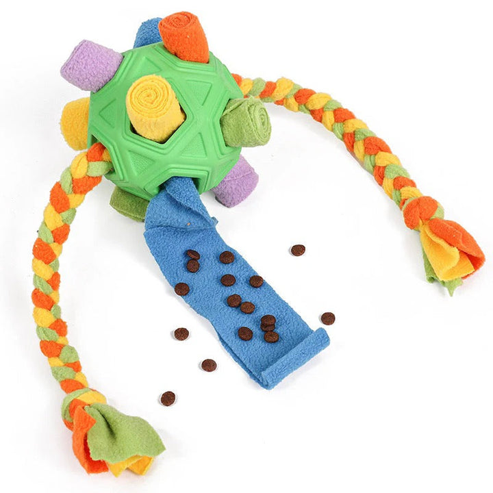 Dog snuffle ball toy with hidden treats, designed for mental stimulation and puzzle solving