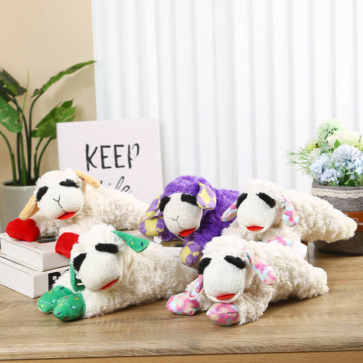 Close-up of a dog plush lamb toy with a squeaker, an engaging interactive pet toy