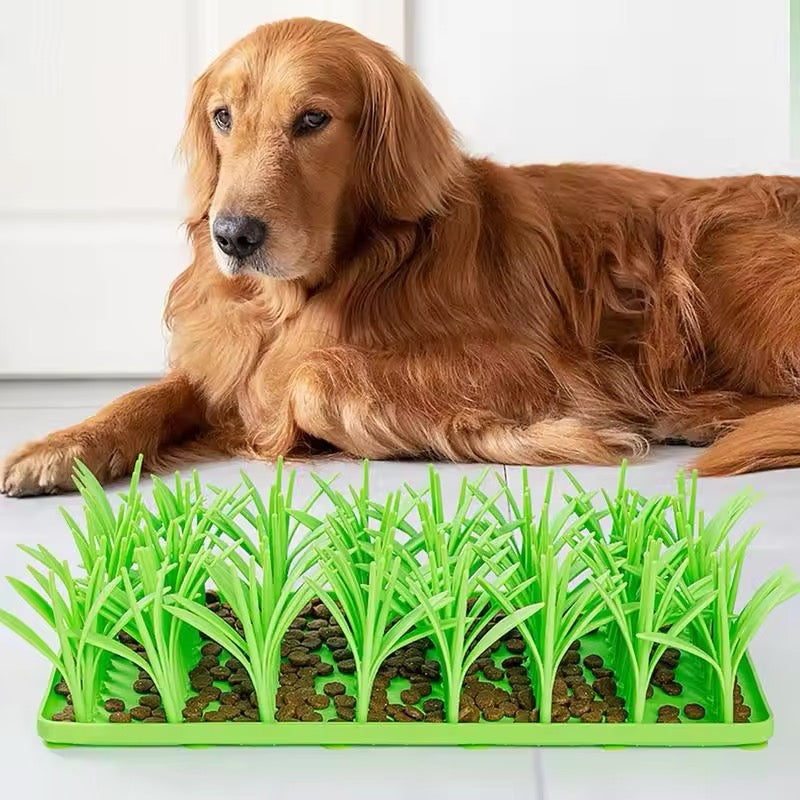 Dog sniffing an interactive pet snuffle mat for mental stimulation