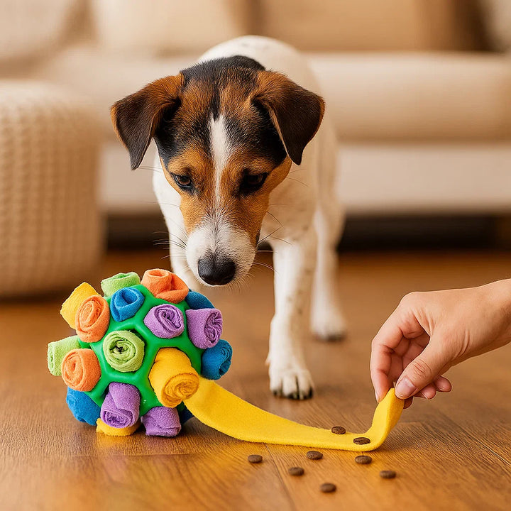 Close-up of a blue and green snuffle ball, an enrichment puzzle toy for dogs, hiding treats.