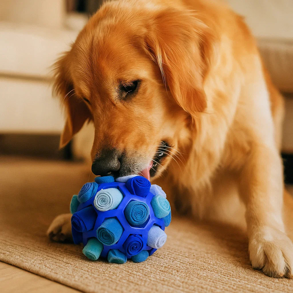 Yellow and orange snuffle ball enrichment toy with treats partially visible, for dog playtime.
