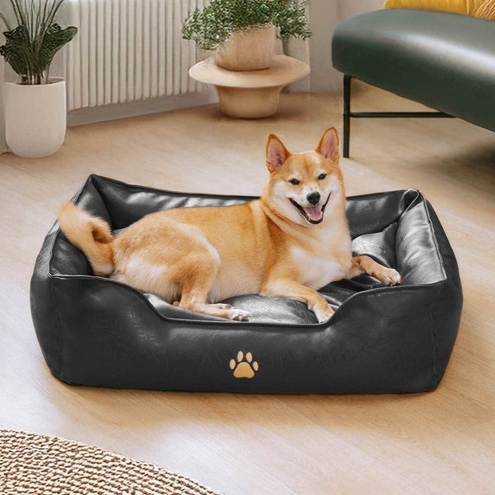 Dog bolster bed, comfortable faux leather pet furniture with high walls for security