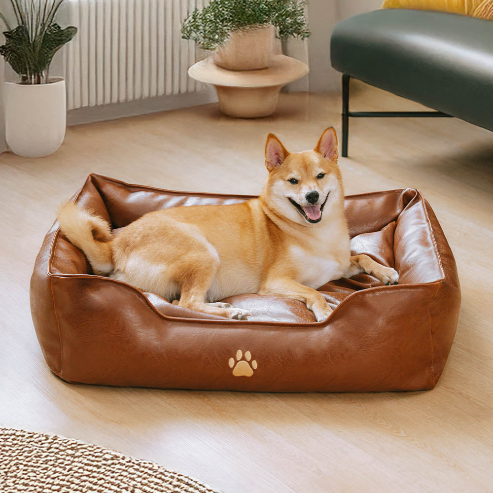 Waterproof dog bed for large dogs, durable faux leather modern design with removable cover
