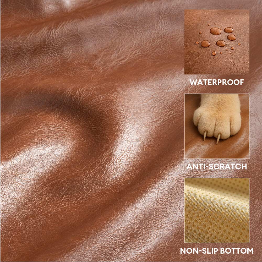 Faux leather dog sofa, chew resistant pet bed with washable cover for easy cleaning