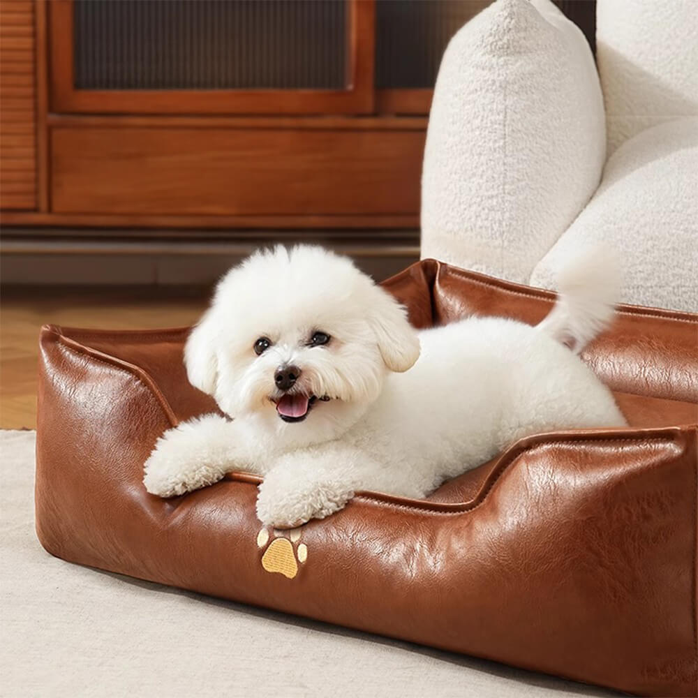 Orthopedic dog bed, faux leather pet sofa with supportive bolsters for senior dogs