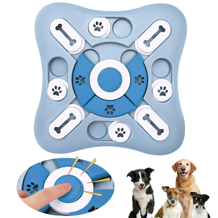 Close-up of an interactive dog puzzle toy with hidden treats for brain game and boredom relief