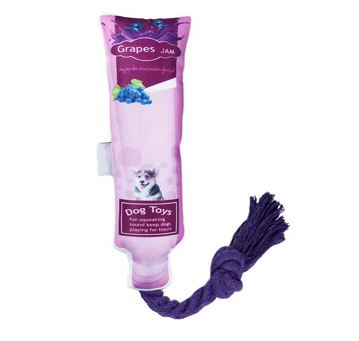 Close-up of a fruit jam squeaky rope dog toy, perfect for aggressive chewers