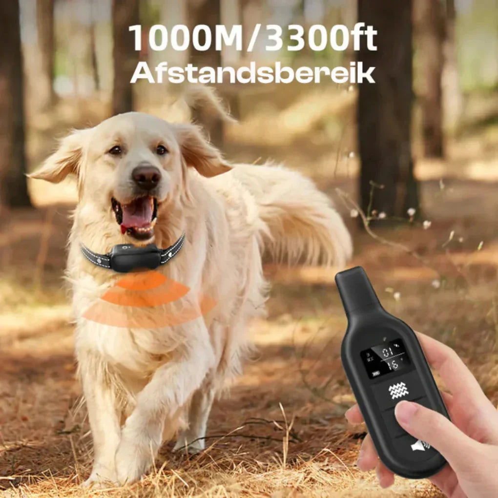 Waterproof dog training collar with remote, offering vibration, static, and sound correction for 3300 ft range.