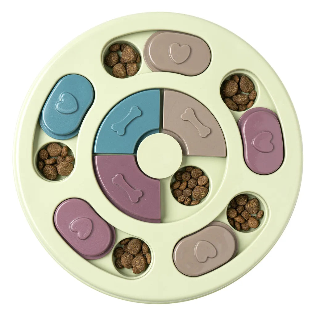 Interactive dog puzzle feeder with treat compartments, enhancing mental stimulation and dog health.