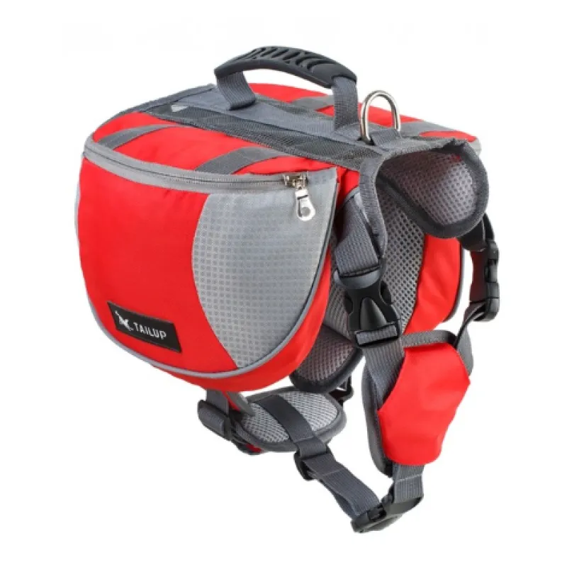 Waterproof dog backpack, close-up of durable fabric and adjustable straps, with storage compartments.