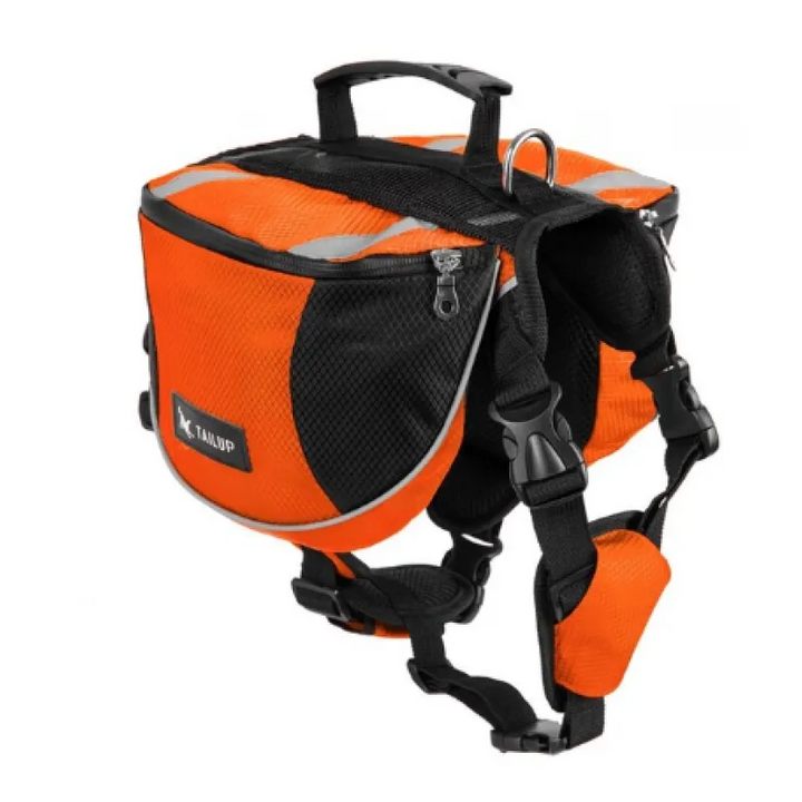 Black dog outdoor adventure backpack, waterproof material, with reflective strips for visibility, gear for pets.