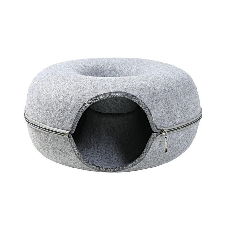 Two-in-one gray donut cat bed, functions as an open bed or a private cozy cat cave