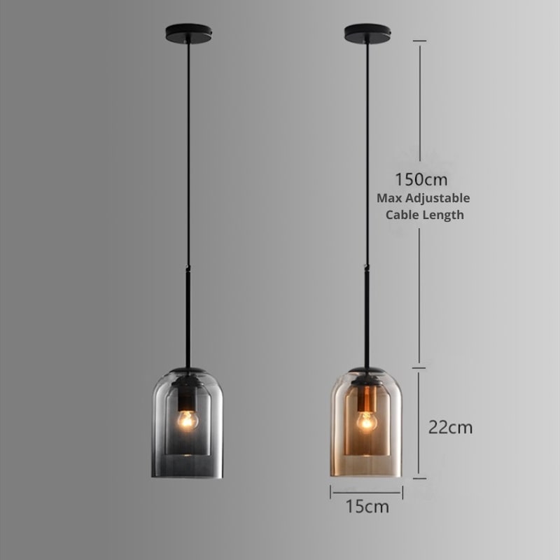 "Doppelglas-Pendelleuchte aus Rauchglas mit rostigem Finish, elegantes Design für moderne Inneneinrichtung."