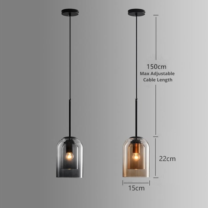 "Doppelglas-Pendelleuchte aus Rauchglas mit rostigem Finish, elegantes Design für moderne Inneneinrichtung."