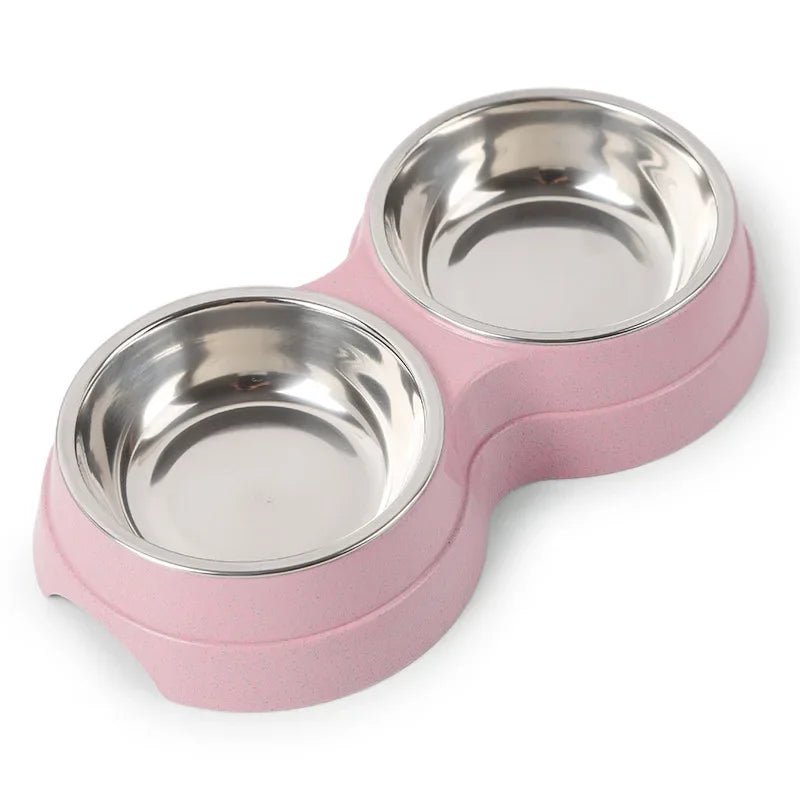 Stainless steel pet bowls in a double set, perfect for dog food and water, non-slip.