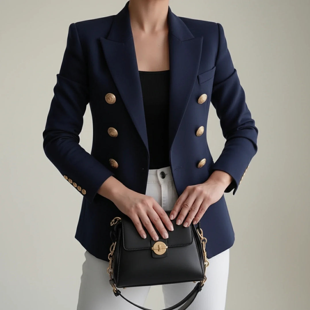 Elegant women's double-breasted blazer. Versatile tailored jacket for chic fashion and professional occasions.