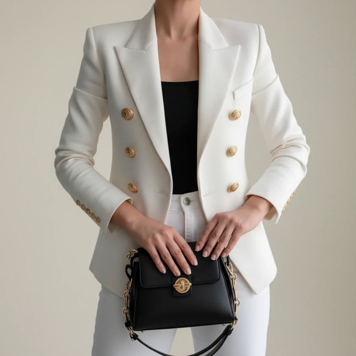 Chic women's double-breasted blazer, tailored fit with gold buttons. Elegant outerwear for professional office wear.