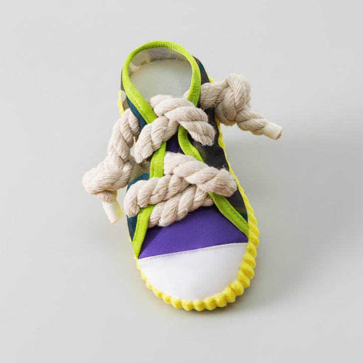 Gray puppy slipper chew toy, a durable squeaky pet toy for teething & enrichment.
