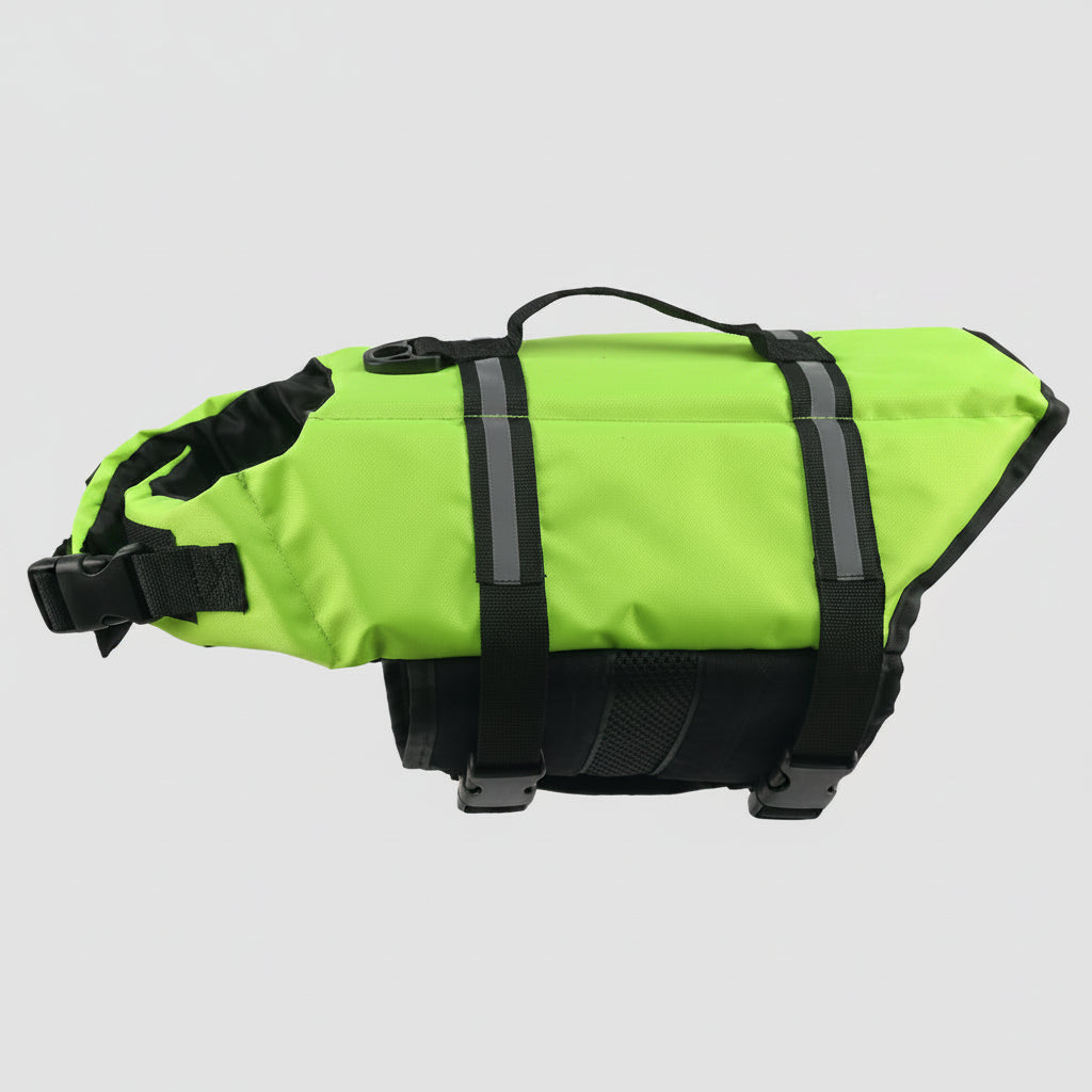 Bright yellow dog swimming vest with D-ring for leash, providing canine flotation for fun & safety in water.