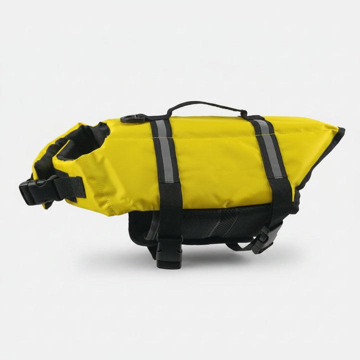 Red dog flotation vest with sturdy rescue handle & reflective accents, perfect pet gear for safe outdoor water play.