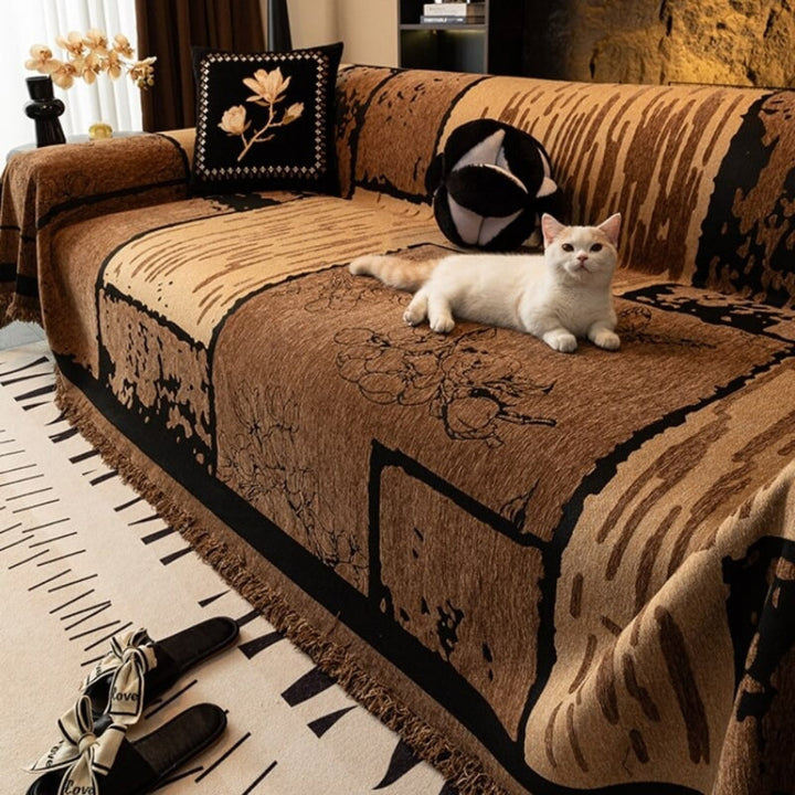 Soft vintage chenille throw, an anti-scratch sofa protector & pet-friendly couch blanket.