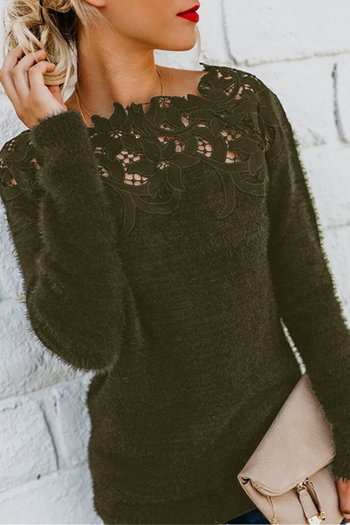 Damen Pullover mit Spitzen-Ausschnitt