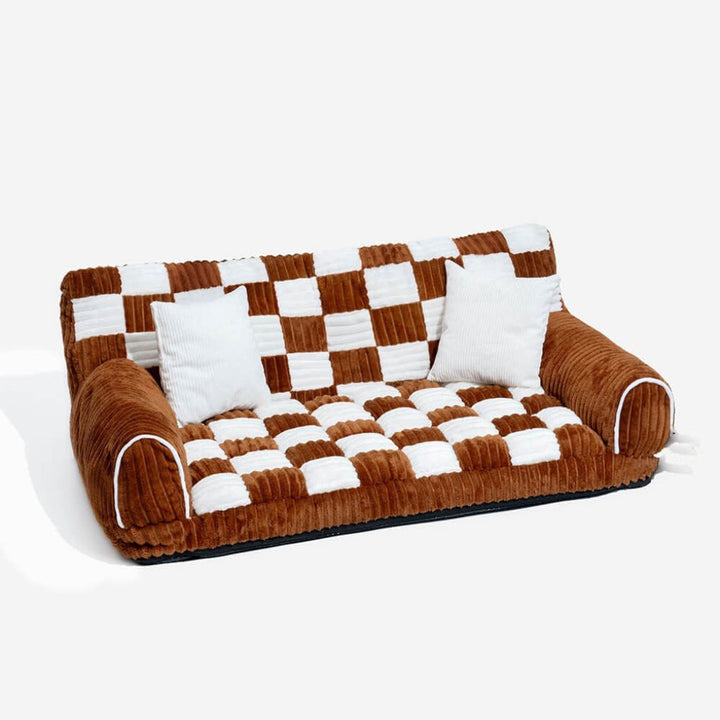 Luxury extra large orthopedic dog bed with a vintage chessboard design. Washable pet sofa for comfort.