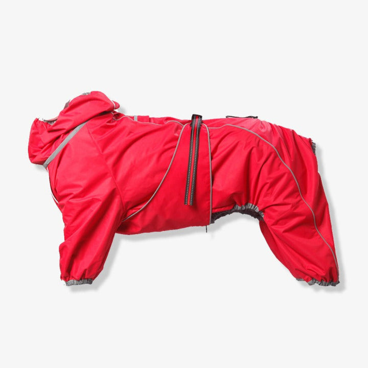 Durable waterproof dog rain coat, adjustable for large breeds, offers excellent storm protection for active outdoor dogs.