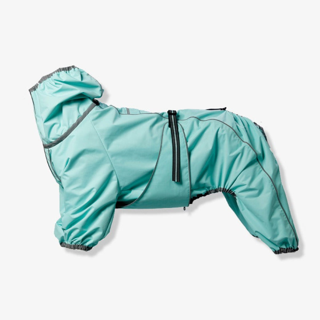 Brightly colored large dog waterproof rain jacket with reflective accents, ideal for visibility during walks in bad weather.