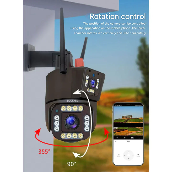 "Drahtlose 4K Sicherheitskamera mit Solarpanel und Doppel-Linse, wetterfest, Seitenansicht, Technologie & Gadgets"