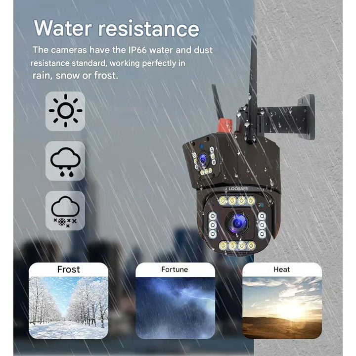 "Drahtlose 4K Sicherheitskamera mit Solarpanel und Doppel-Linse, wetterfest, Seitenansicht, Technologie & Gadgets"