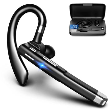 "Drahtloses Bluetooth 5.1 Headset in Schwarz mit Dual-Mikrofon und flexiblem Ohrbügel für kristallklare Kommunikation."